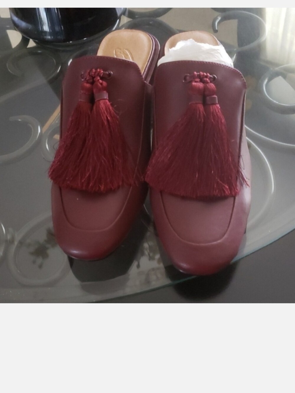 Women's Burgundy Tassel Backless Mule Loafers